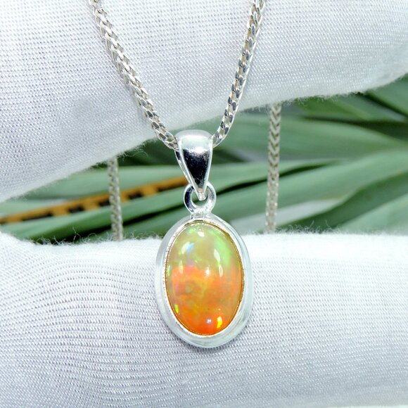 Natural Fire Opal Silver Pendant With Chain, Luxury Silver Handmade Necklace - Picture 2 of 8